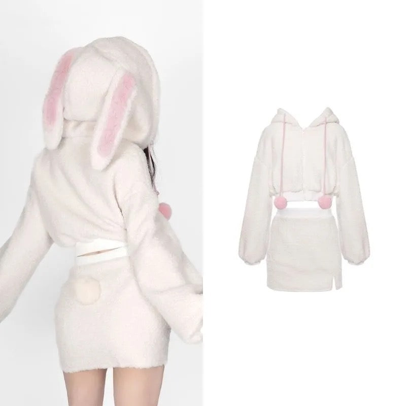 Bunny Ear Hooded Plush Warm Top and Skirt