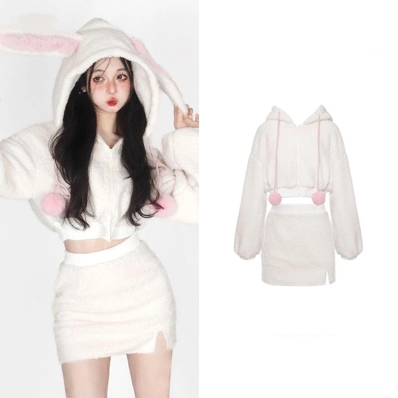 Bunny Ear Hooded Plush Warm Top and Skirt