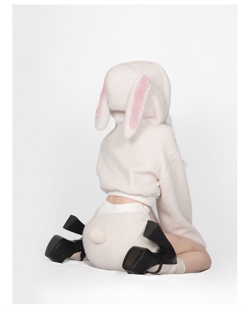 Bunny Ear Hooded Plush Warm Top and Skirt