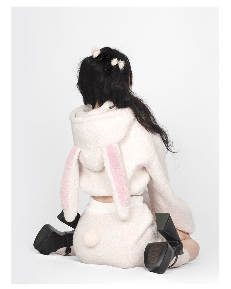 Bunny Ear Hooded Plush Warm Top and Skirt