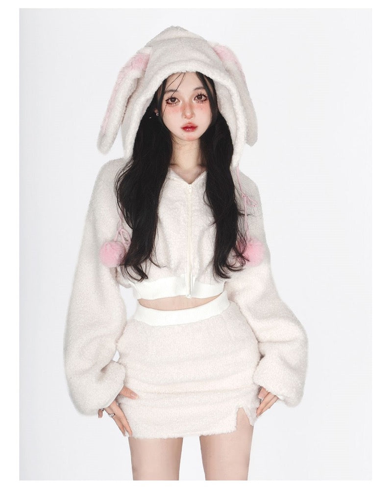 Bunny Ear Hooded Plush Warm Top and Skirt