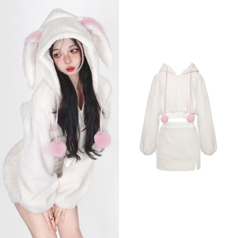 Bunny Ear Hooded Plush Warm Top and Skirt