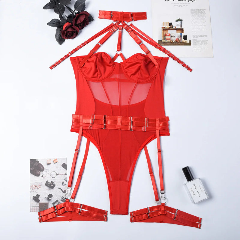 Sexy Halter Neck Hollow Out Mesh Suspender Bodysuit