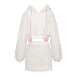 Bunny Ear Hooded Plush Warm Top and Skirt