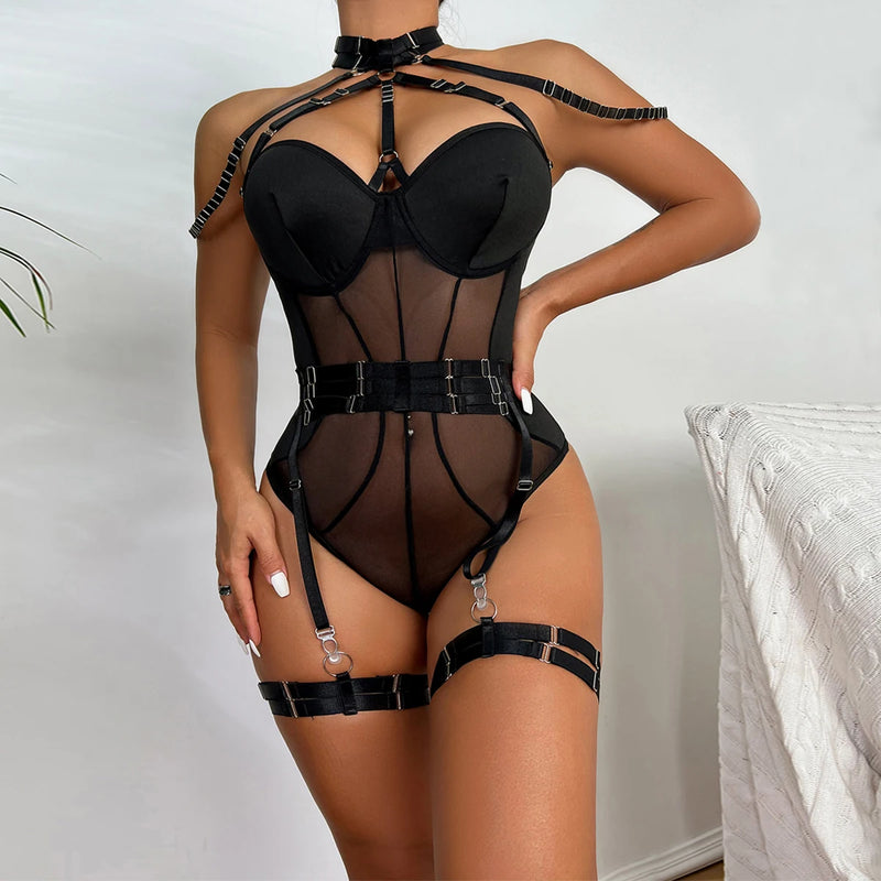 Sexy Halter Neck Hollow Out Mesh Suspender Bodysuit