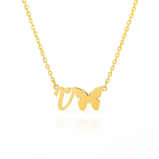 Initial Necklace With Butterfly