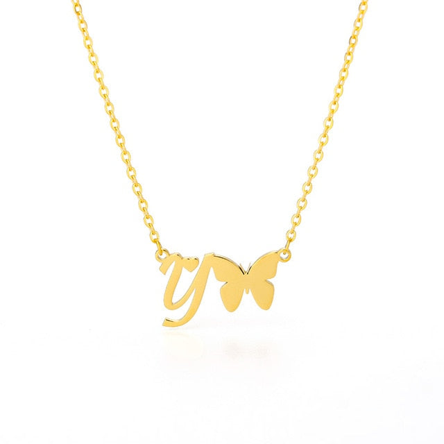 Initial Necklace With Butterfly